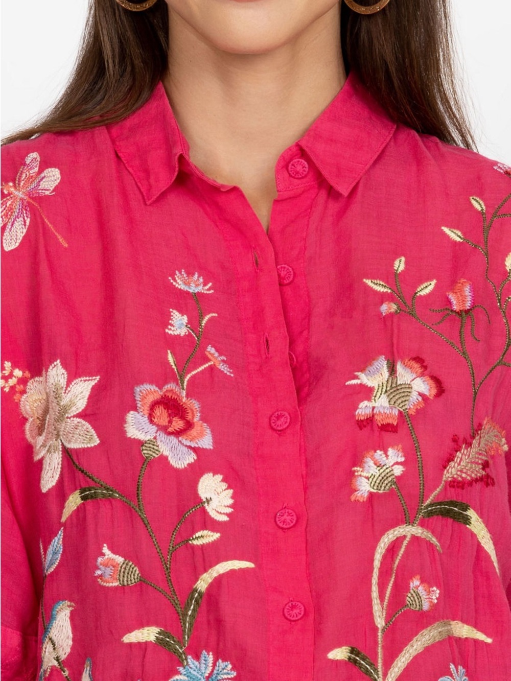 JOHNNY WAS Geniveve Relaxed Dolman Shirt Embroidered Floral Birds - Picture 4 of 13